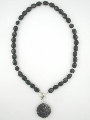 hypersthene beaded necklace with silver scale pendant