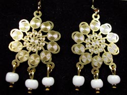 Gold Lazer Lace and white bead earrings